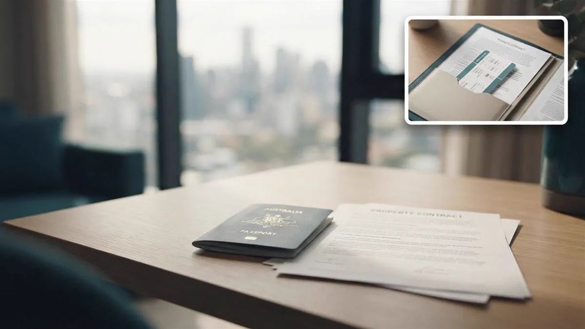 An Australian passport and a property contract on a desk in an apartment overseas